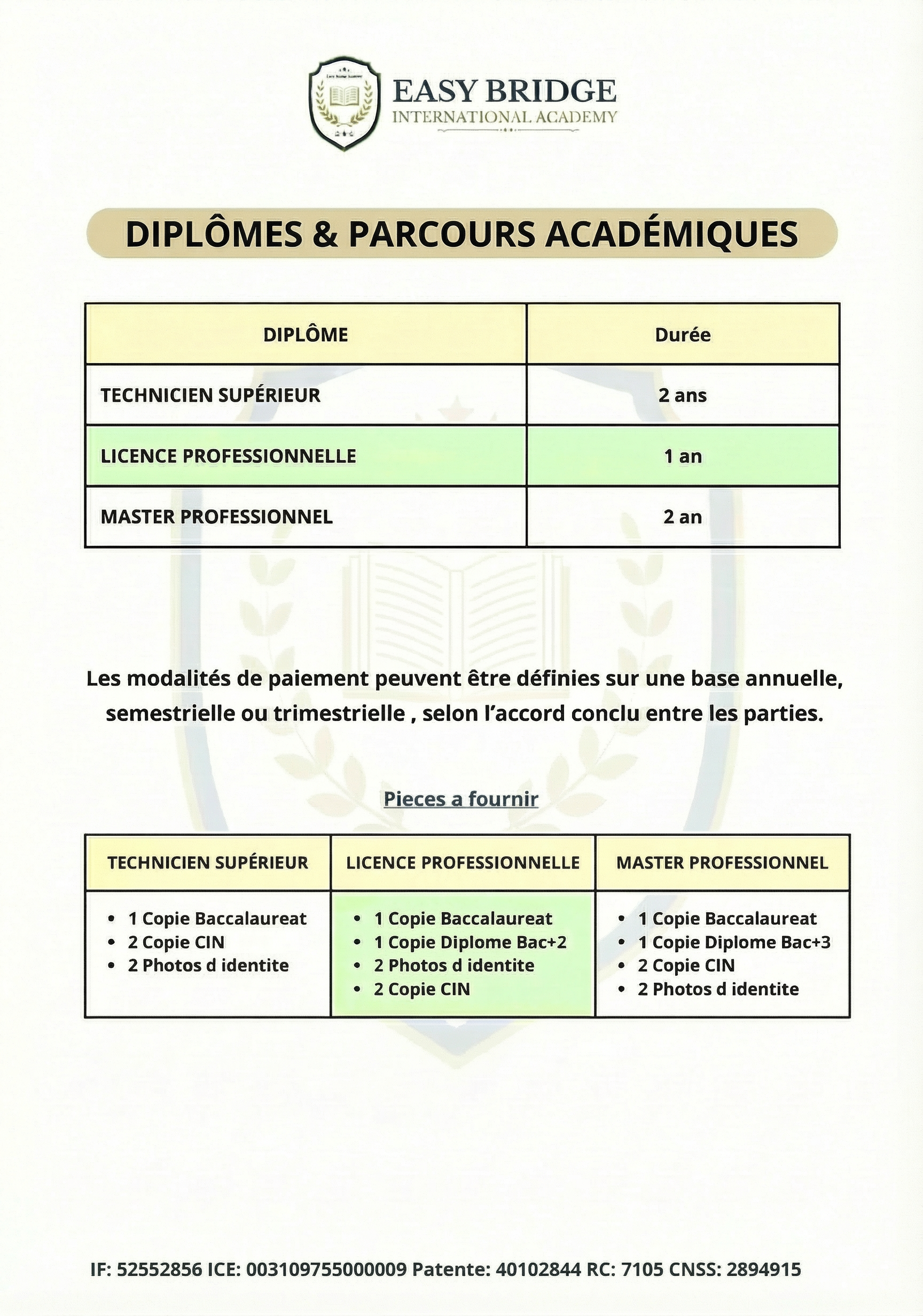 Tarifs Easy Bridge Academy